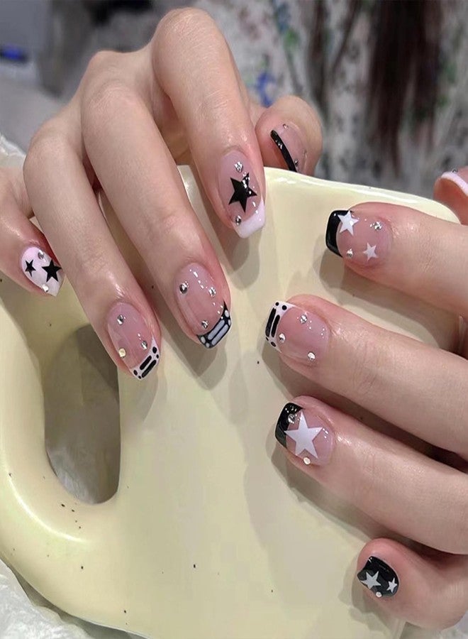 Vopintpy French Tip Press on Nails Short Square Fake Nails Black White Star Rhinestones False Nail Design Glossy Full Cover Artificial for Women Charm Manicure Reusable Stick on Nail - Image 2